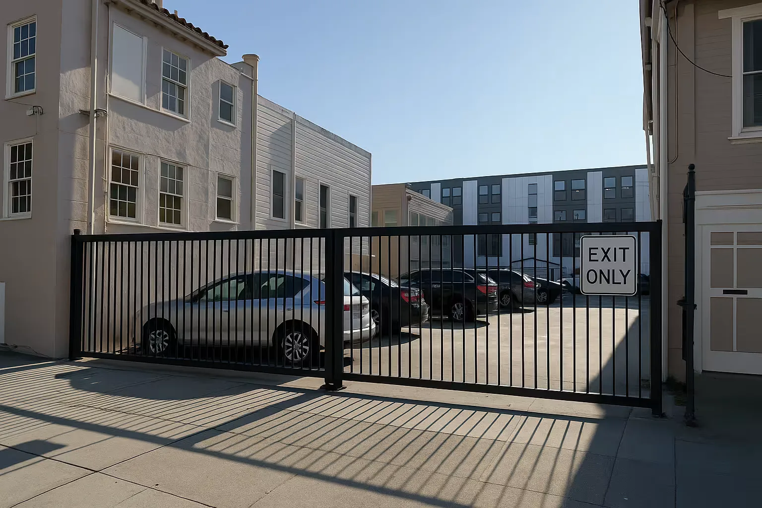 The new electronic security gate closed across the school parking lot exit